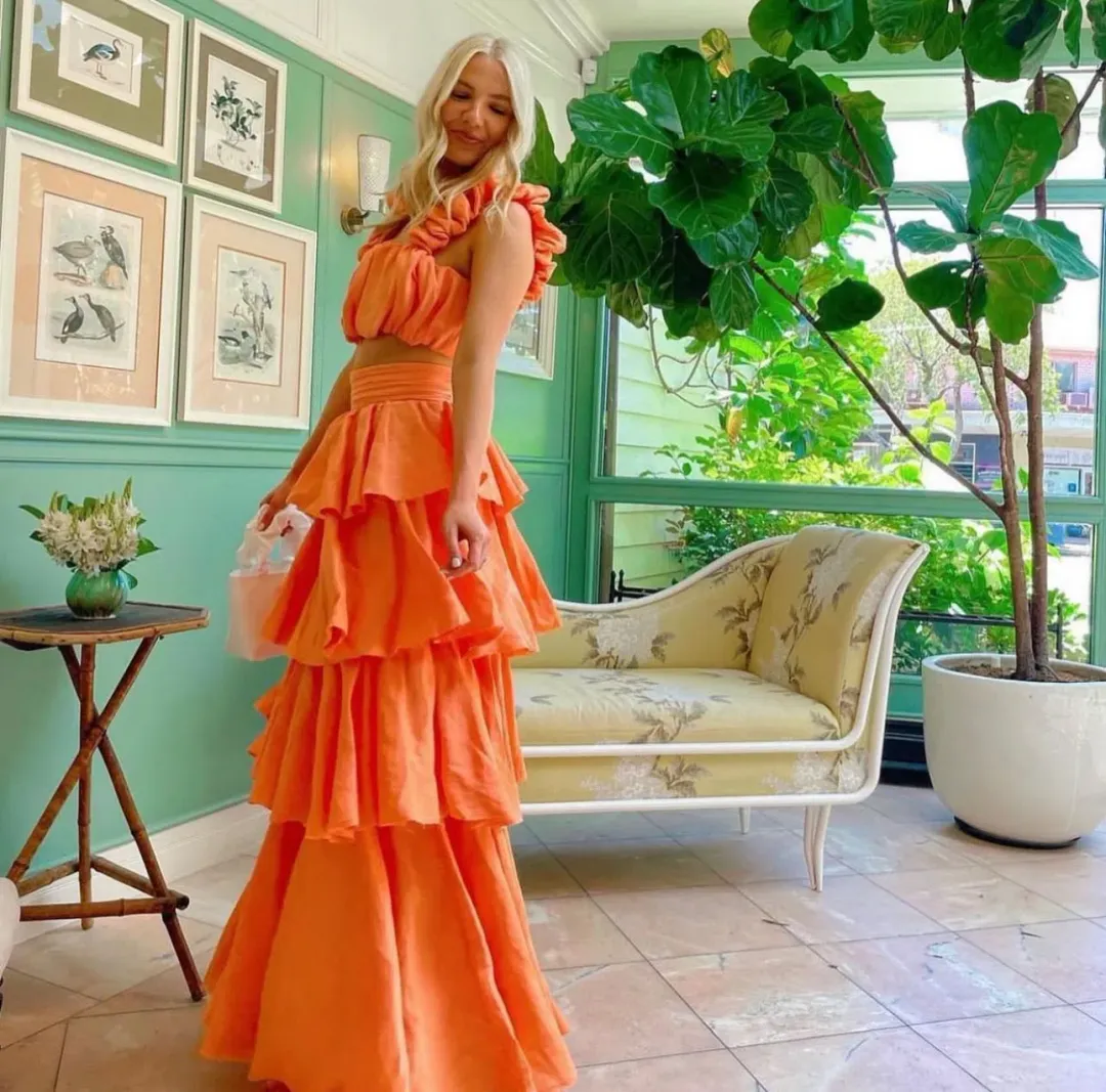 Aje Medina Mandarin Orange Set Top and Tiered Skirt Size 4-6 for rent on The Volte - main image