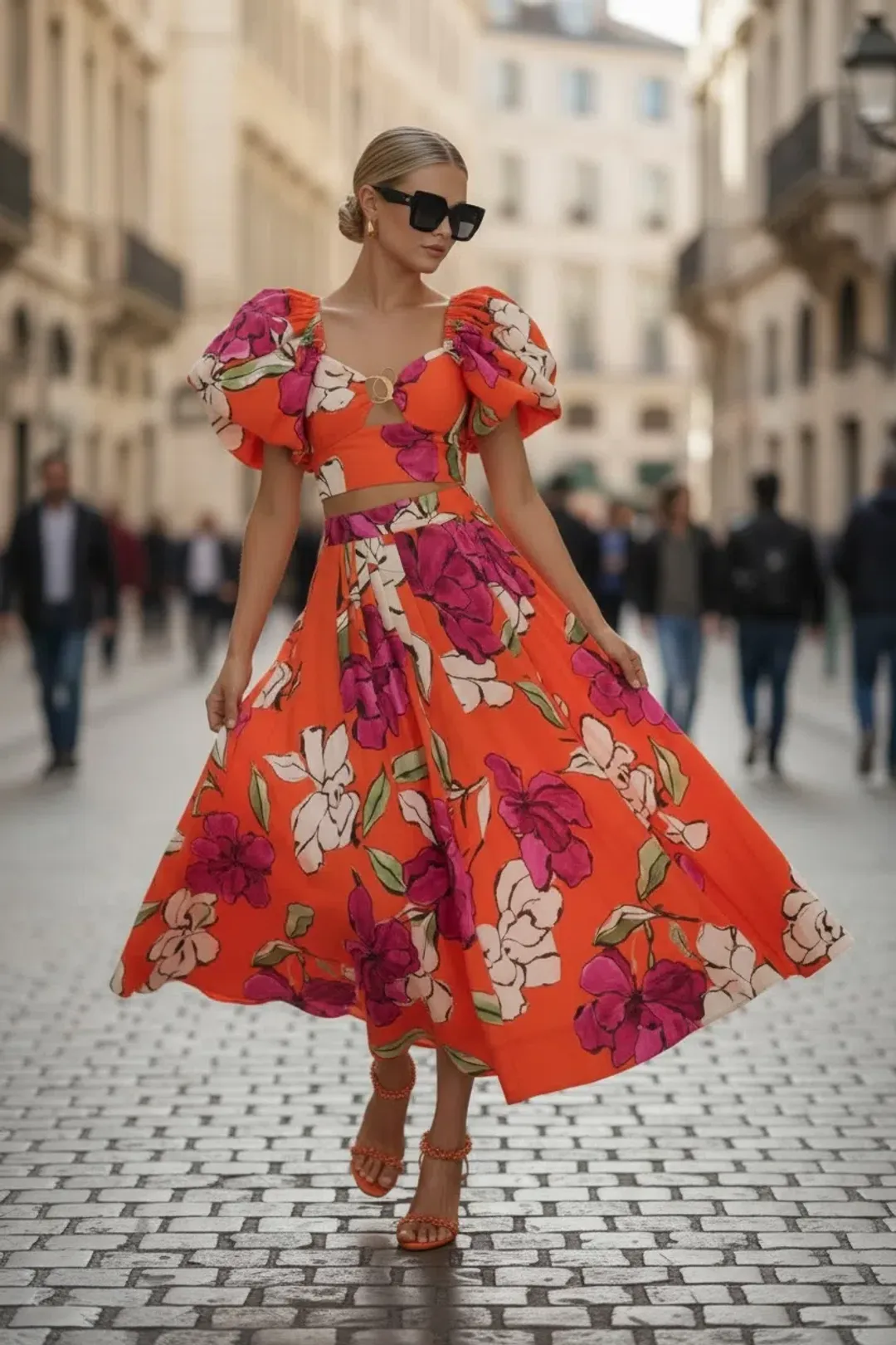 AJE MARCEL PUFF SLEEVE BODICE AND LEWIS SKIRT SET VIVID CAMELLIA SIZE 14 for rent on The Volte - main image