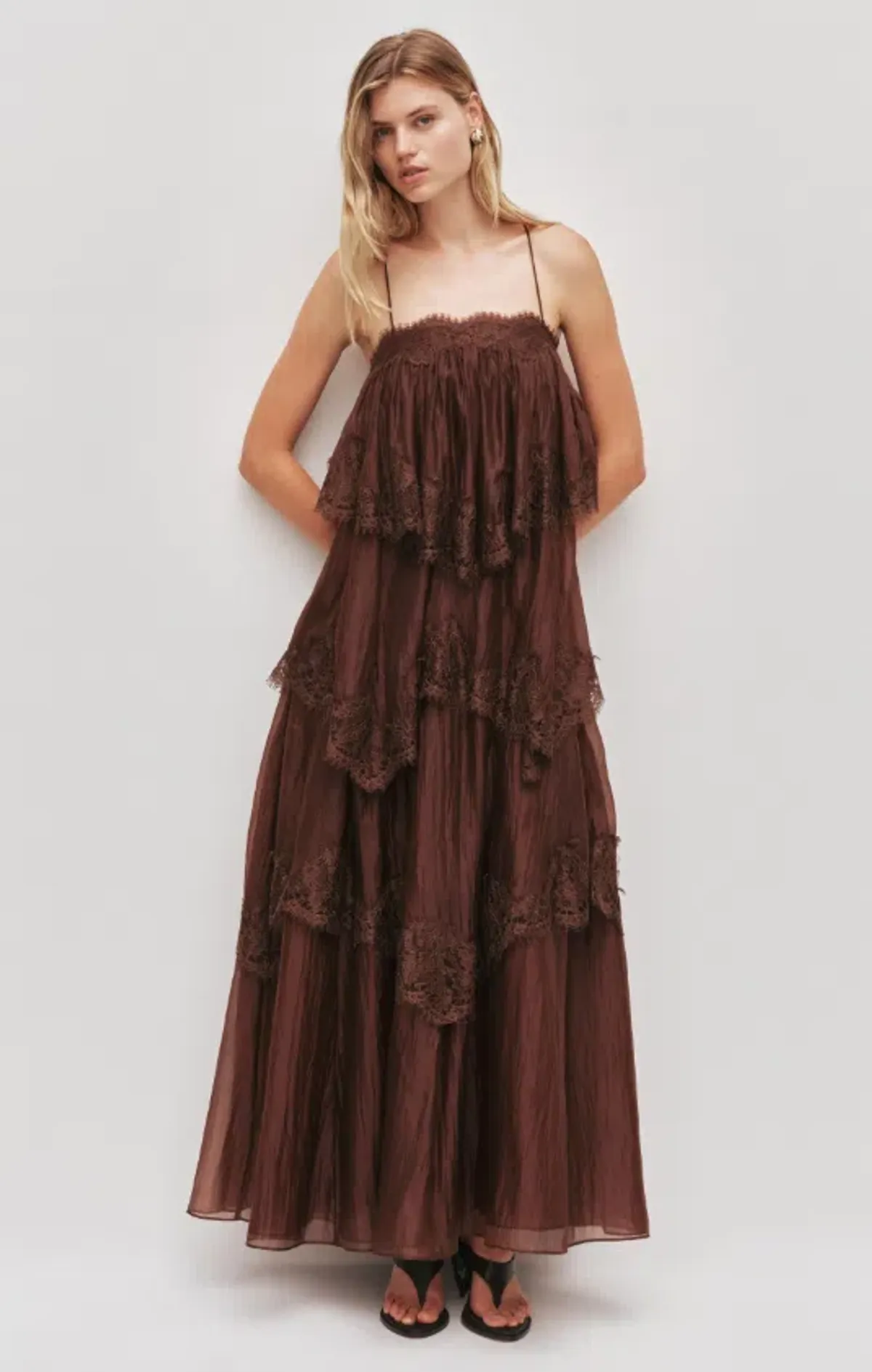 AJE Ophelia Lace Gown Chocolate Size 12 for rent on The Volte - main image