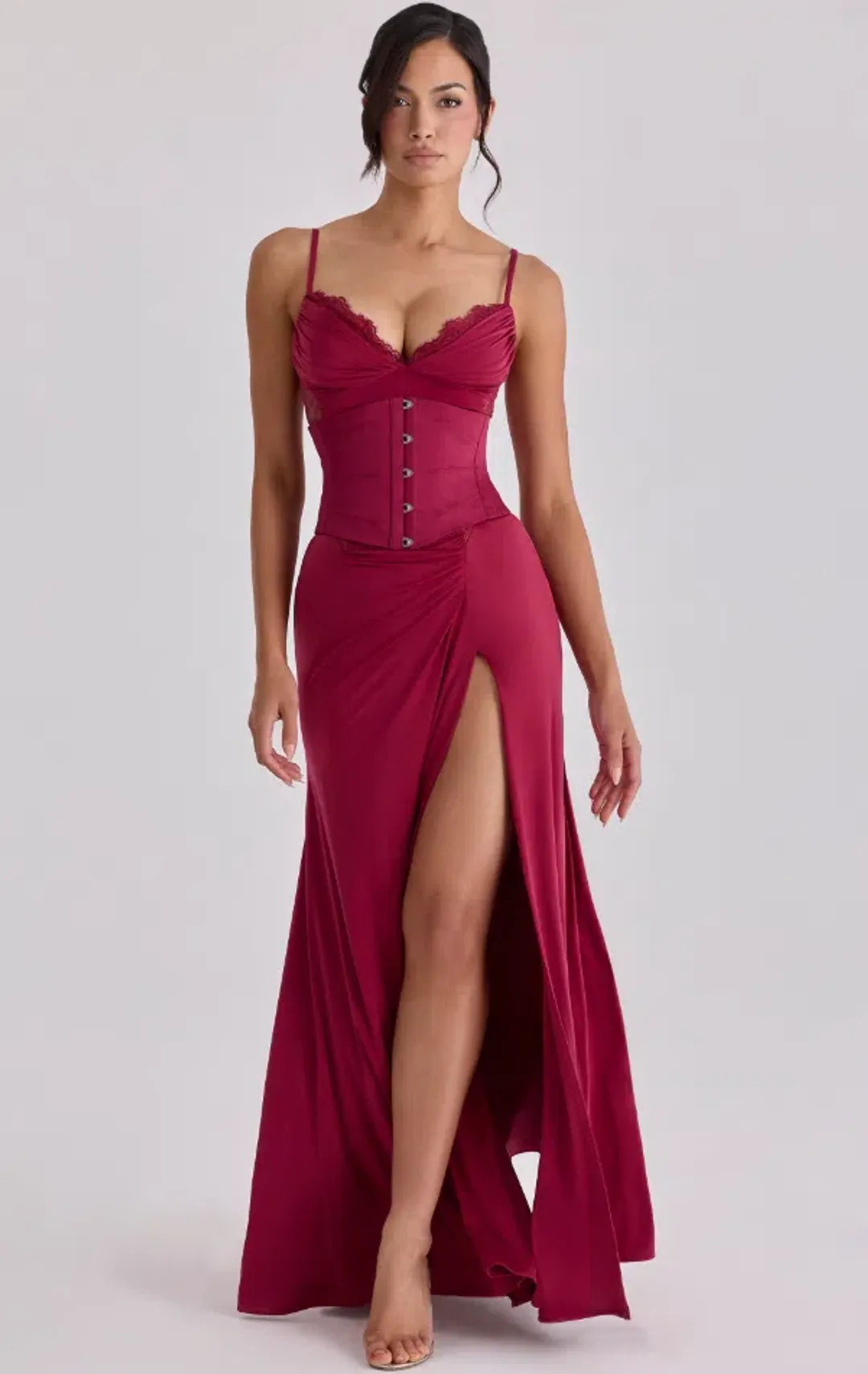House of CB Sabrine wine lace trim maxi dress + corset Size XS for rent on The Volte - main image