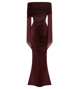 Meshki Kaitlin One Shoulder Slinky And Mesh Maxi Dress - Burgundy - Size 3XL / AU 18 for rent on The Volte - image 3