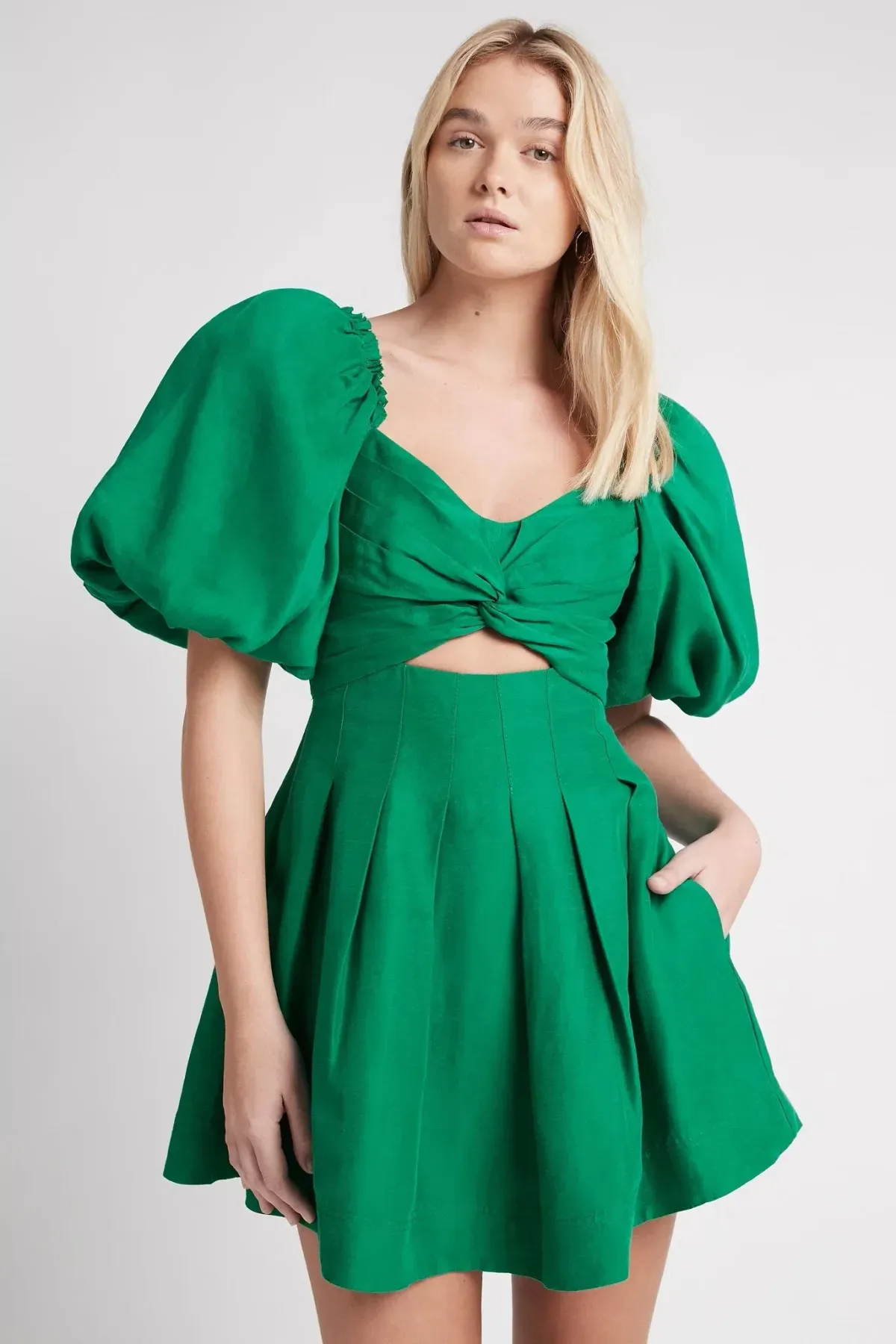 Aje Dusk Knot Puff Sleeve Mini Dress Emerald Green Size 6 for rent on The Volte - main image