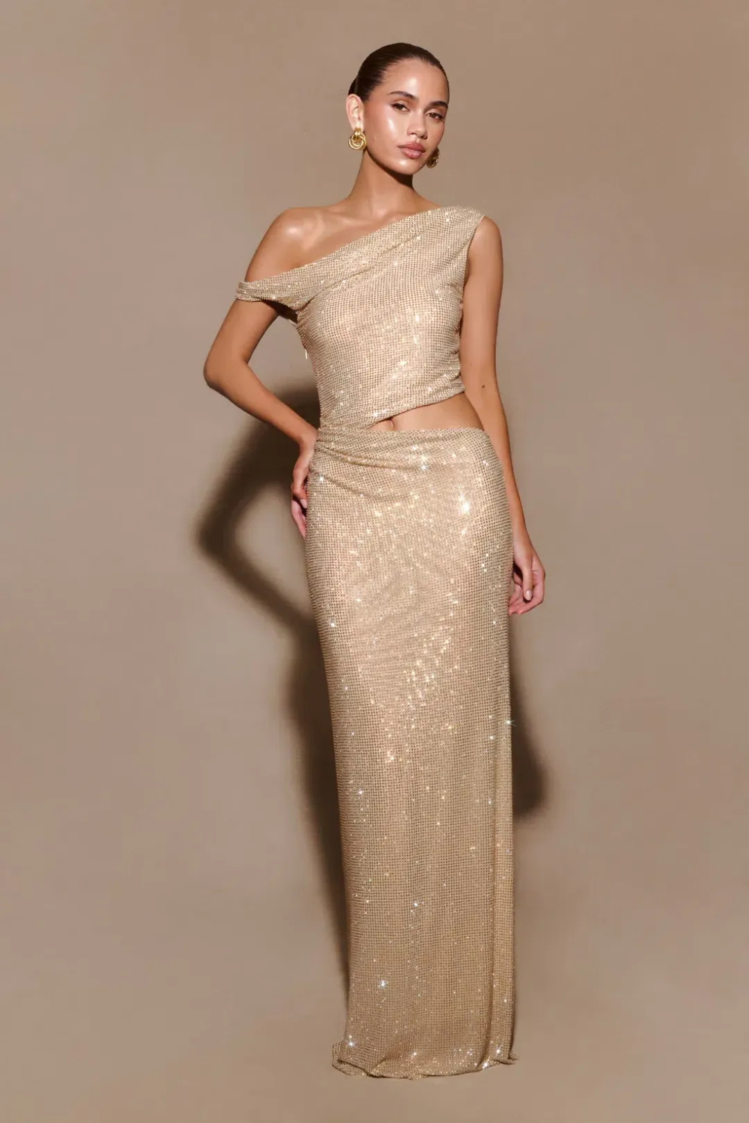 Meshki - Kenny Diamante One Shoulder Maxi Dress - Gold - Size S for rent on The Volte - main image