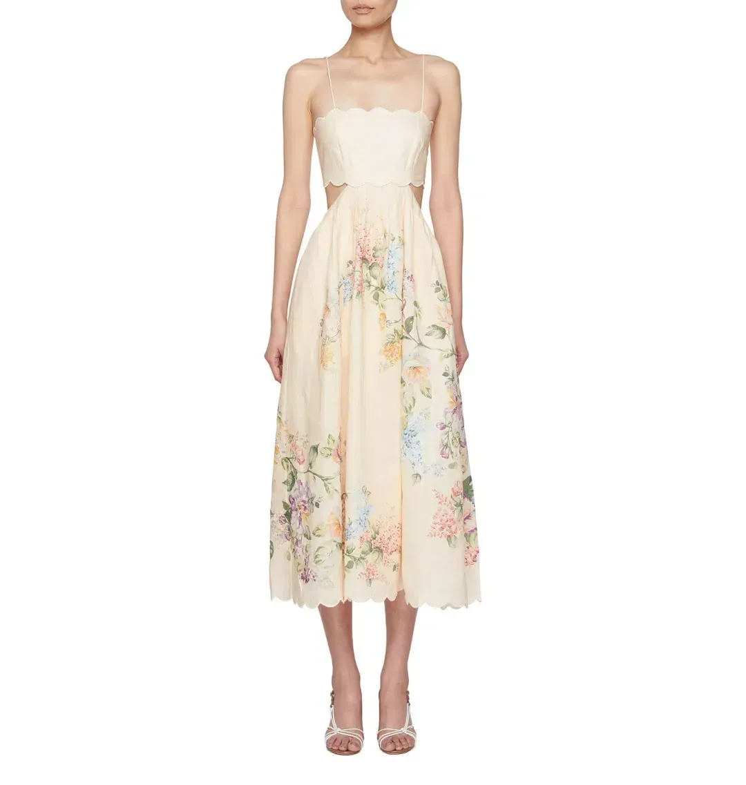 ZIMMERMANN HALLIDAY SCALLOP MIDI DRESS CREAM WATERCOLOUR FLORAL SIZE 1 / AU 10 for rent on The Volte - main image