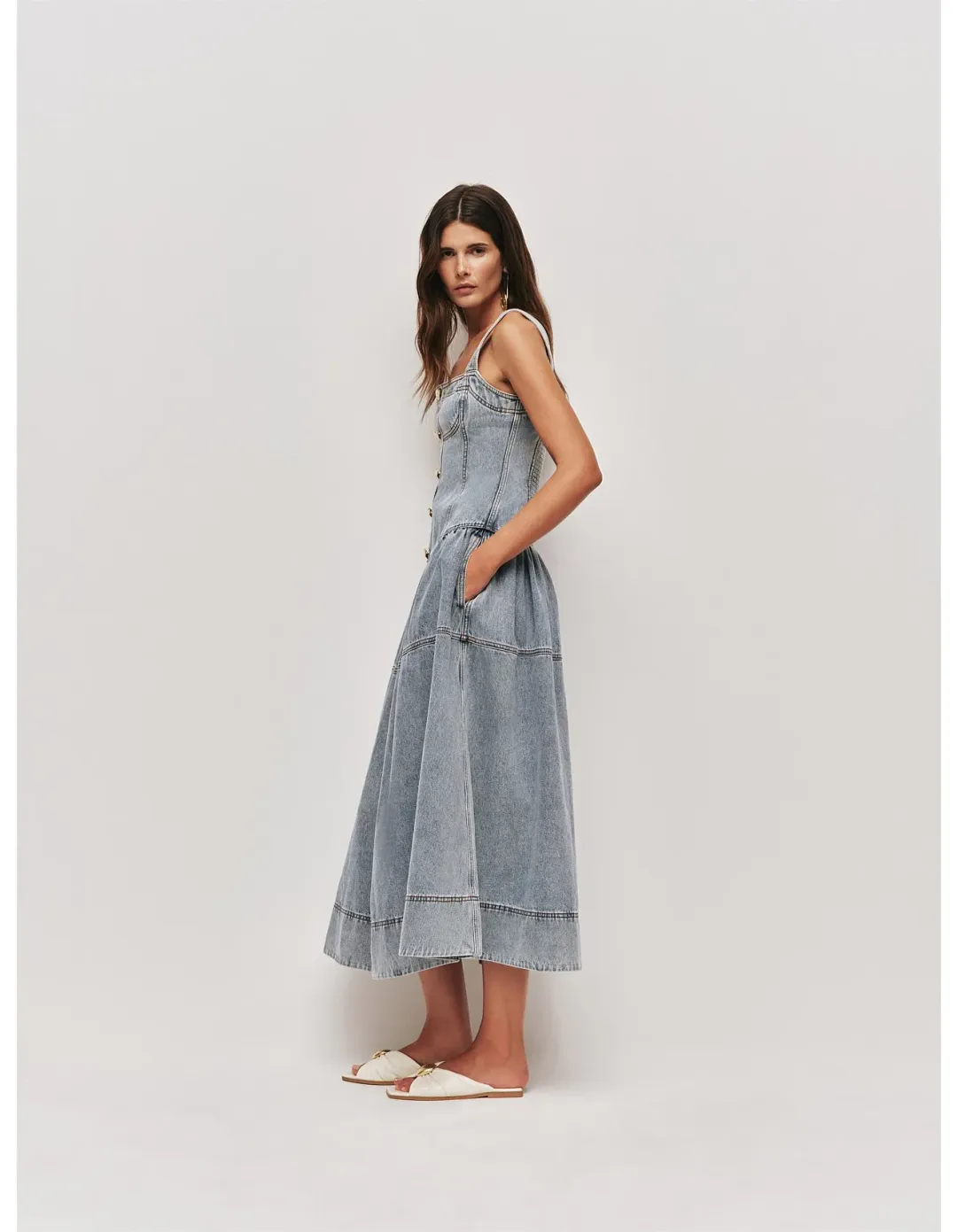 Aje Birch Denim Midi Dress Sky Wash Size 8 for rent on The Volte - main image