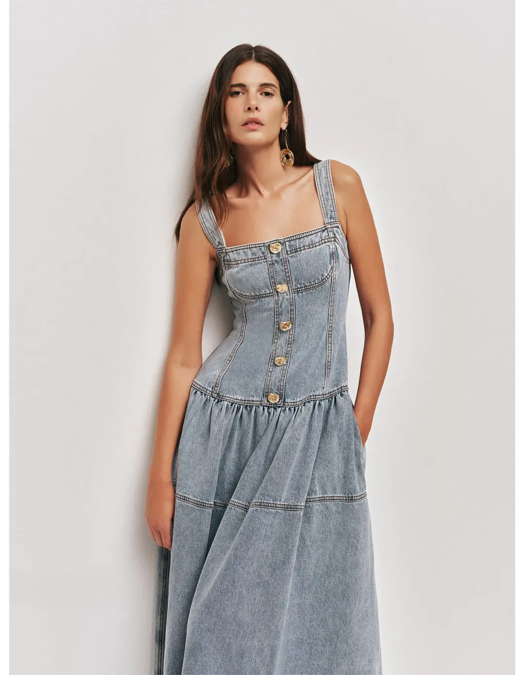 Aje Birch Denim Midi Dress Sky Wash Size 8 for rent on The Volte - main image
