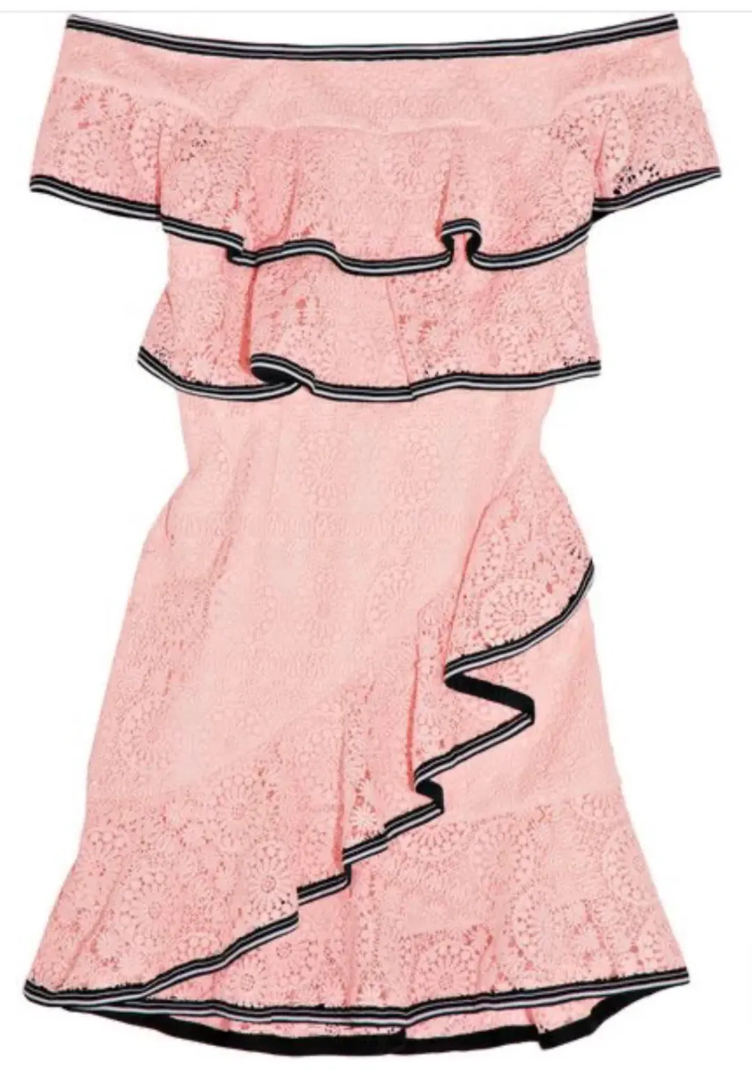 Rebecca Vallance Courtside Off-the Shoulder Ruffled Guipure Lace Mini Dress in Pink. Size 12. for rent on The Volte - main image