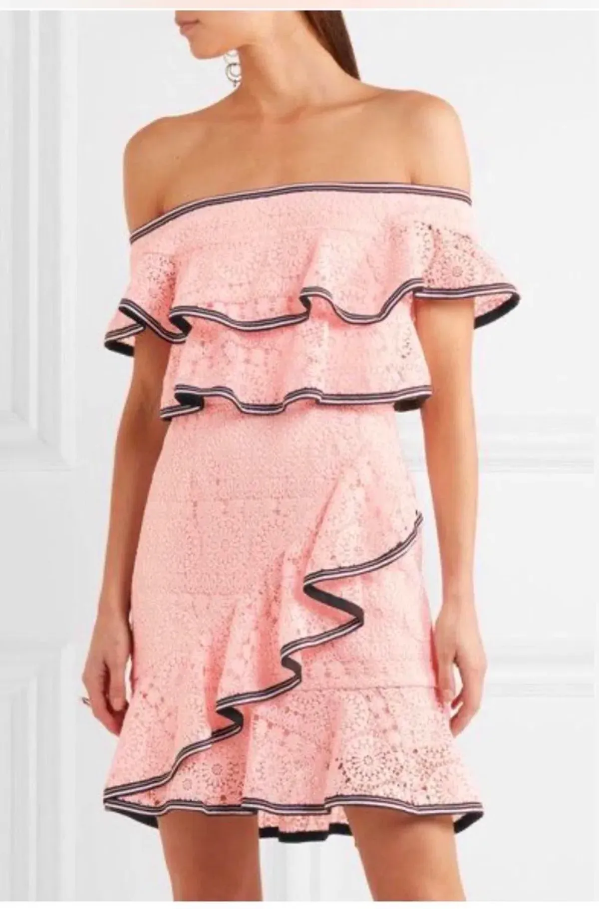 Rebecca Vallance Courtside Off-the Shoulder Ruffled Guipure Lace Mini Dress in Pink. Size 12. for rent on The Volte - main image