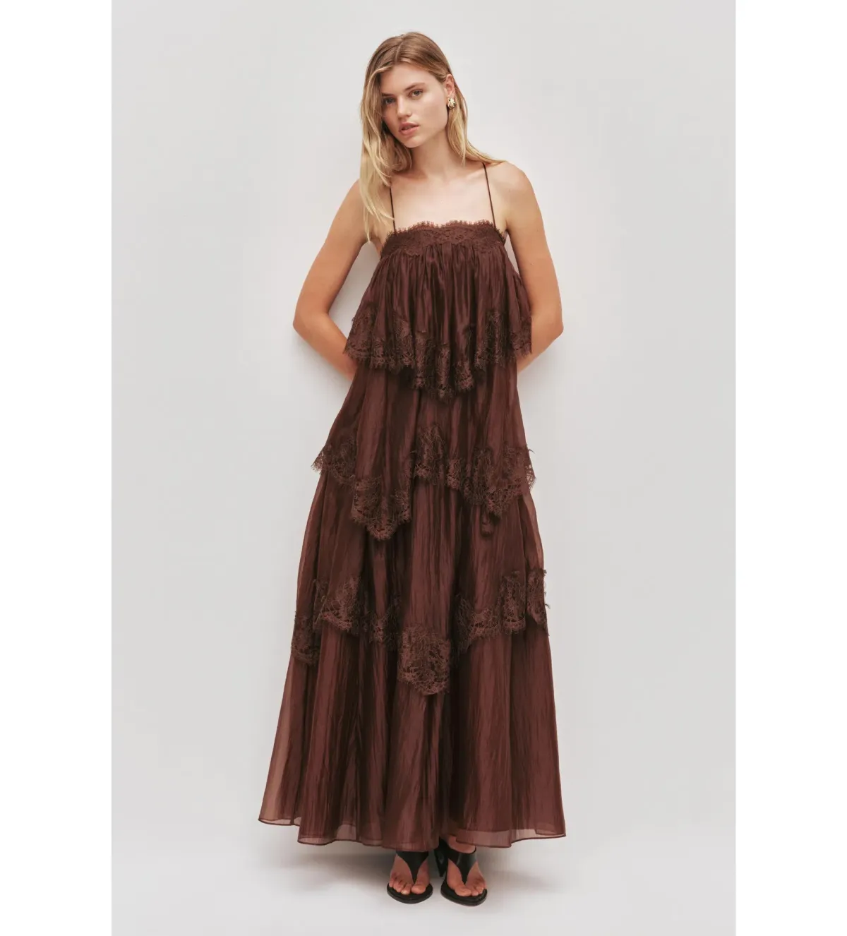 Aje Ophelia Lace Gown in Chocolate Size AU8 for rent on The Volte - main image