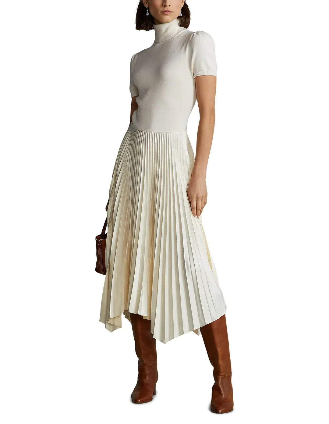 Polo Ralph Lauren Wool & Silk Turtleneck Dress – Puff Sleeves, Midi, Luxury Knit for rent on The Volte - main image