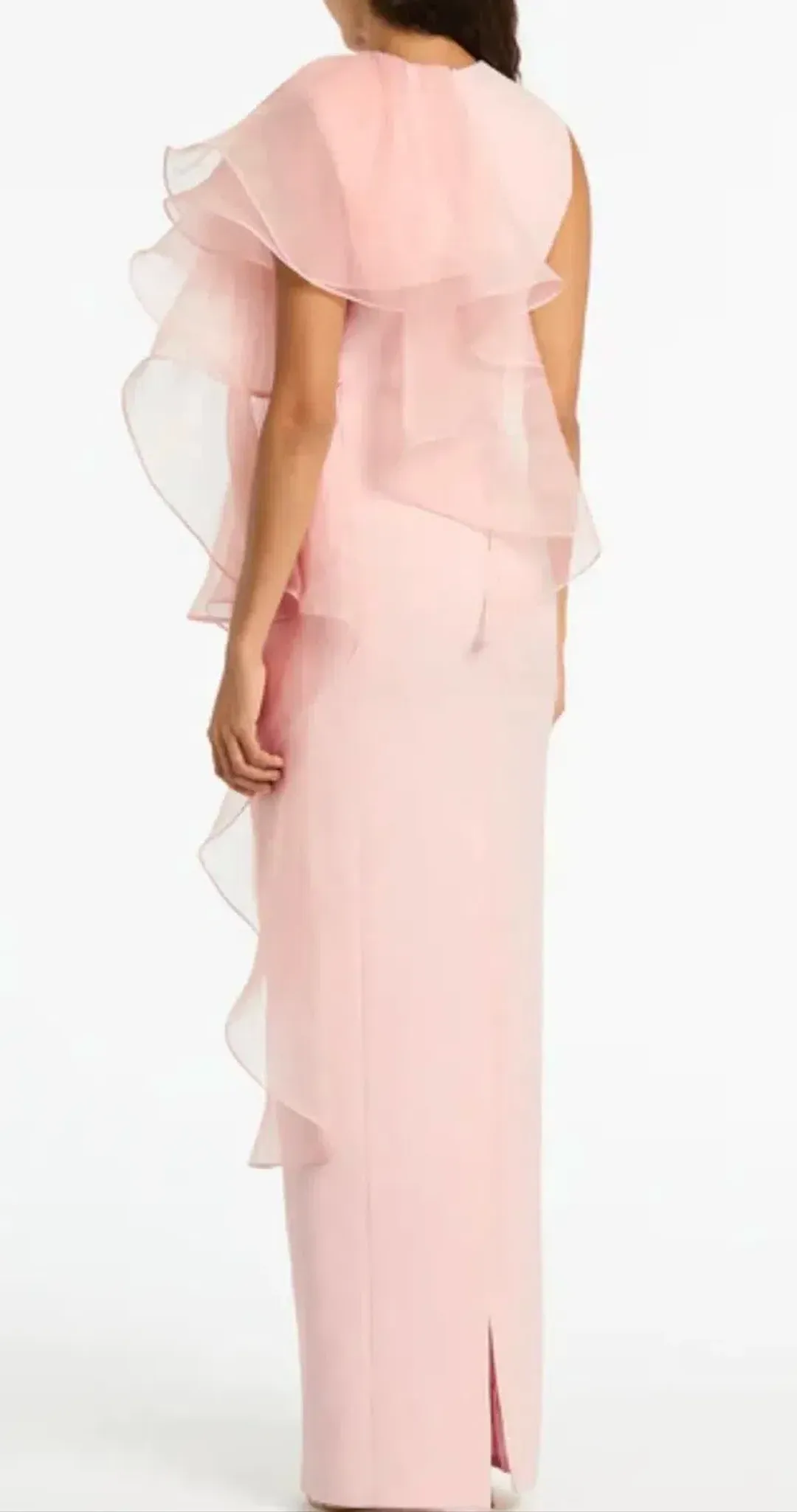 Carla Zampatti Peony Crepe Ruffle Shoulder Gown Pink Size AU 12 for rent on The Volte - main image