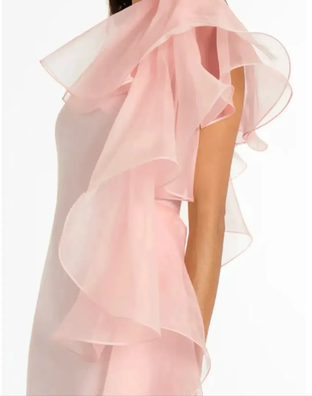 Carla Zampatti Peony Crepe Ruffle Shoulder Gown Pink Size AU 12 for rent on The Volte - main image