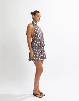 One Mile Mira mini dress brown/blue polka dots for rent on The Volte - image 1