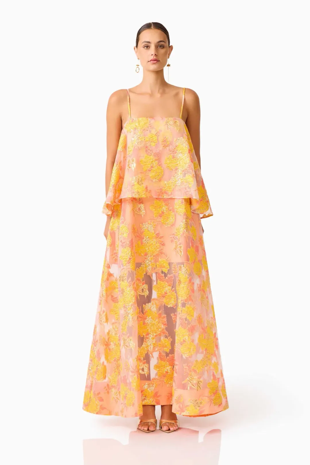 Elliatt Elysia Tiered Maxi Gown in Orange Floral Size L / AU 12 for rent on The Volte - main image