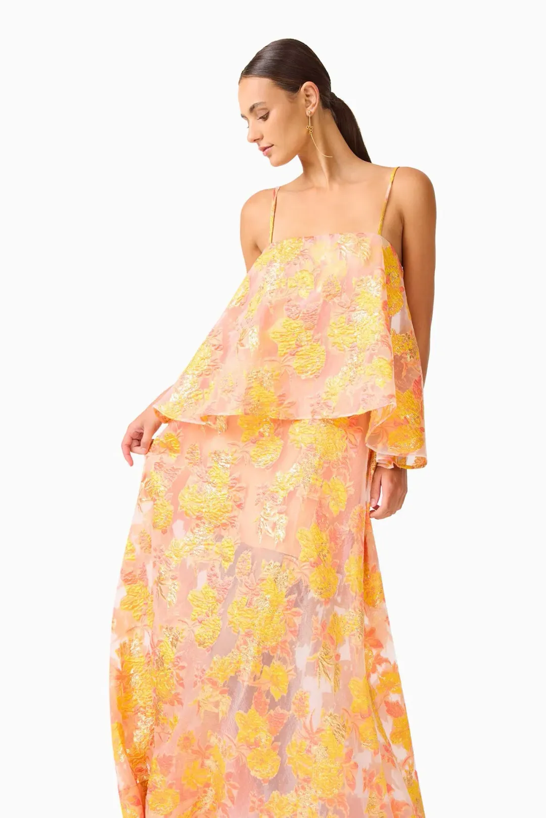 Elliatt Elysia Tiered Maxi Gown in Orange Floral Size M / AU 10 for rent on The Volte - main image