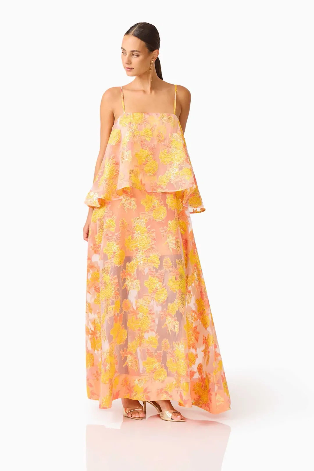 Elliatt Elysia Tiered Maxi Gown in Orange Floral Size S / AU 8 for rent on The Volte - main image