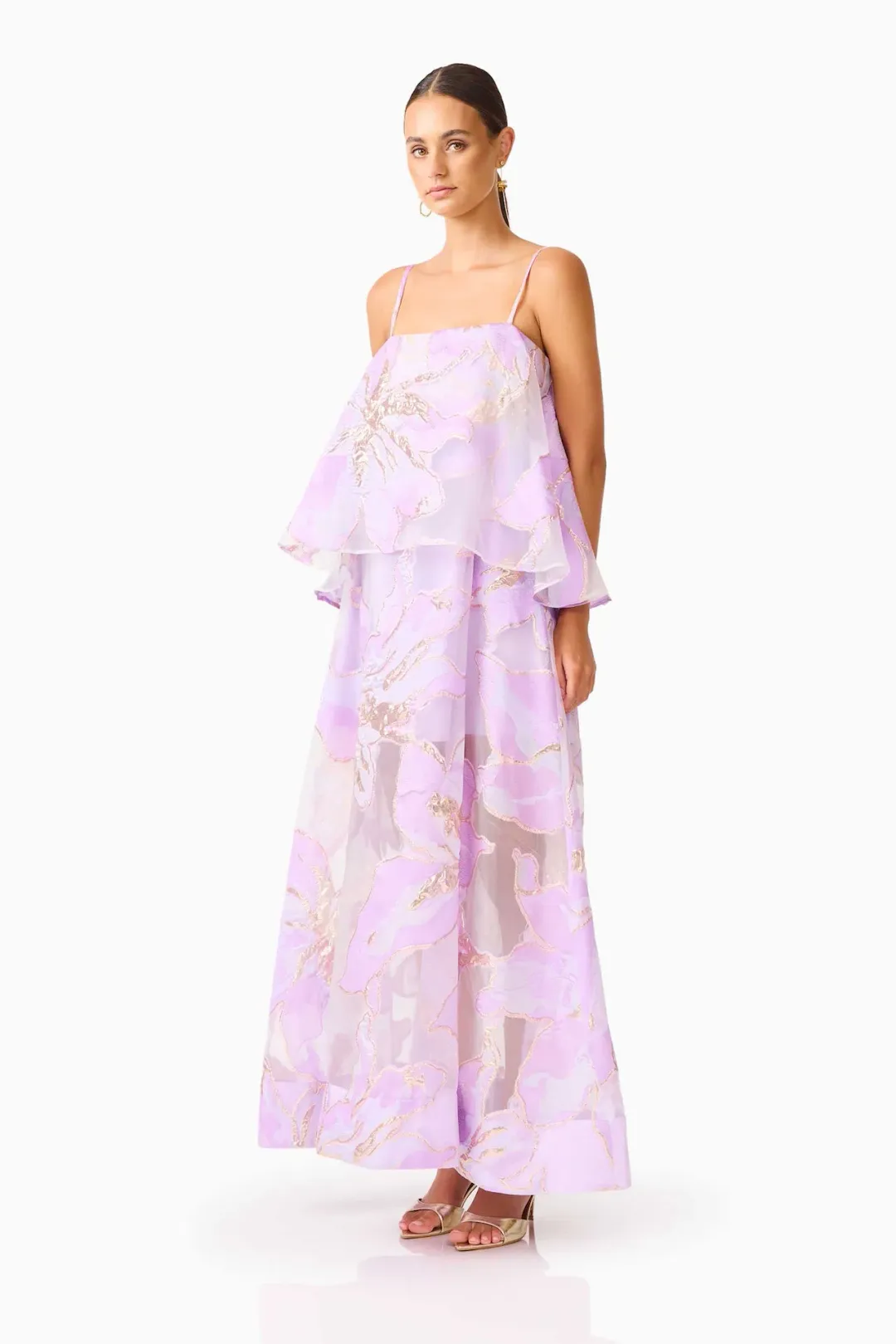 Elliatt Elysia Tiered Maxi Gown in Purple Floral Size L / AU 12 for rent on The Volte - main image