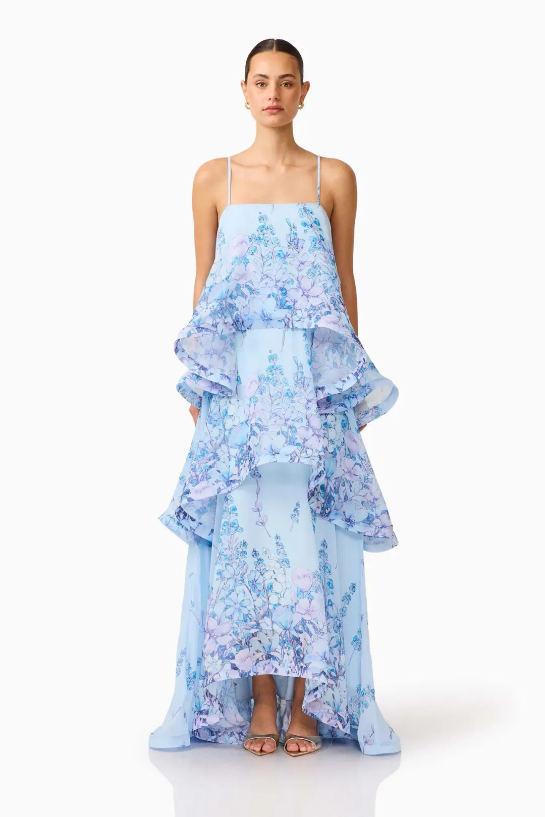Elliatt  Armani Tiered Maxi Dress in Baby Blue Floral Size L / AU 12 for rent on The Volte - main image