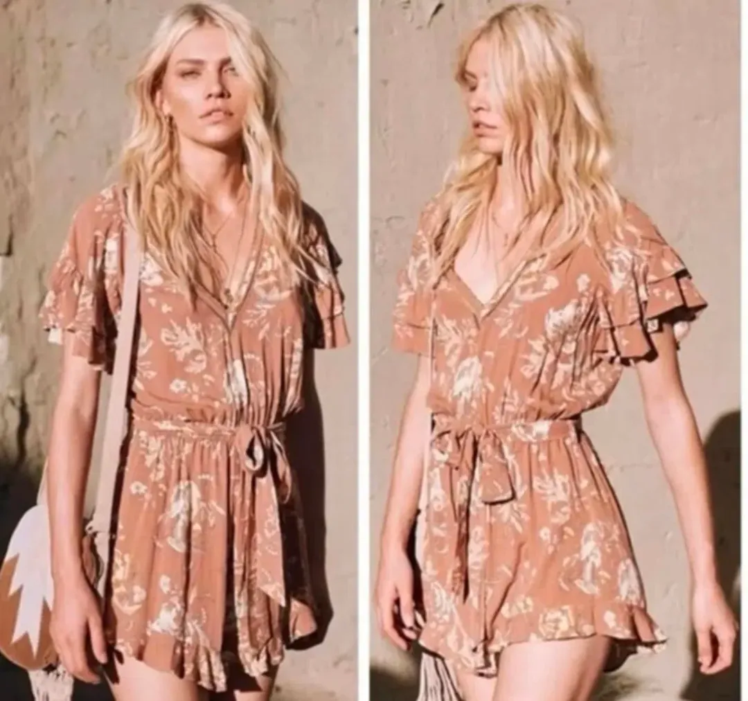  SPELL & THE GYPSY Playsuit Size XS Brown Floral Tie Waist Rosa Romper Boho for rent on The Volte - main image