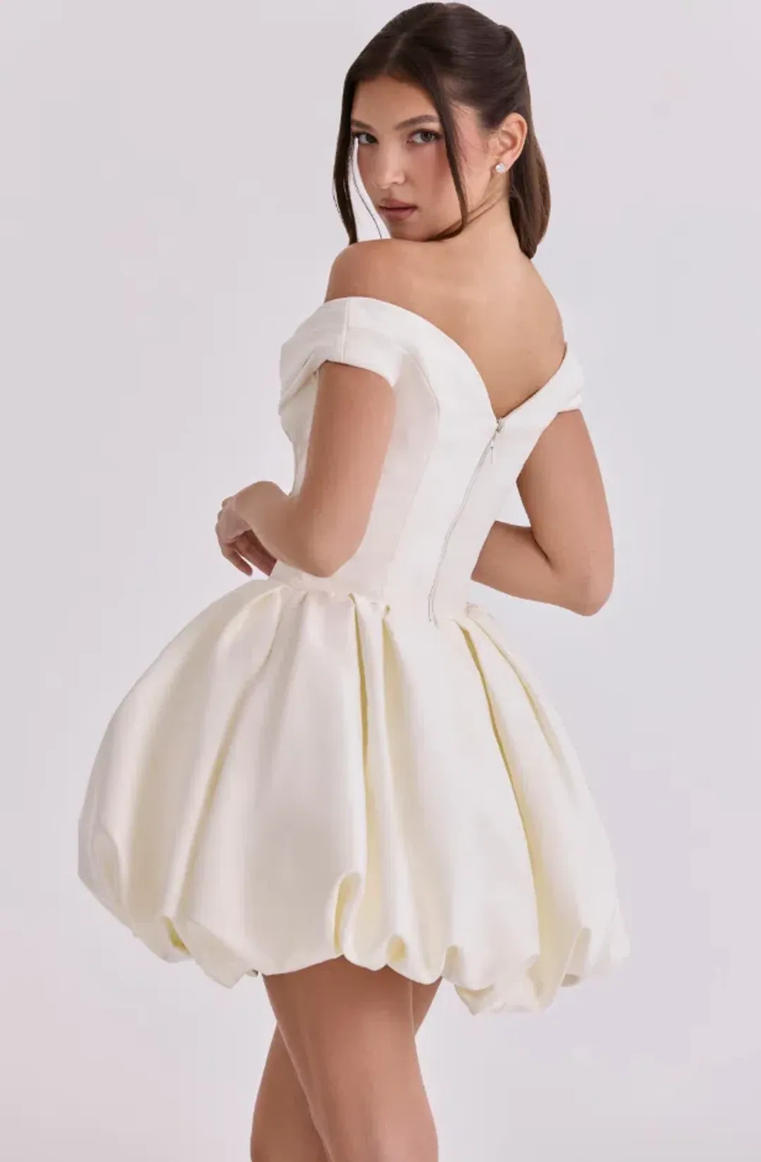 House of CB Leonora ivory satin off shoulder mini bridal gown Regular Length Size XS for rent on The Volte - main image