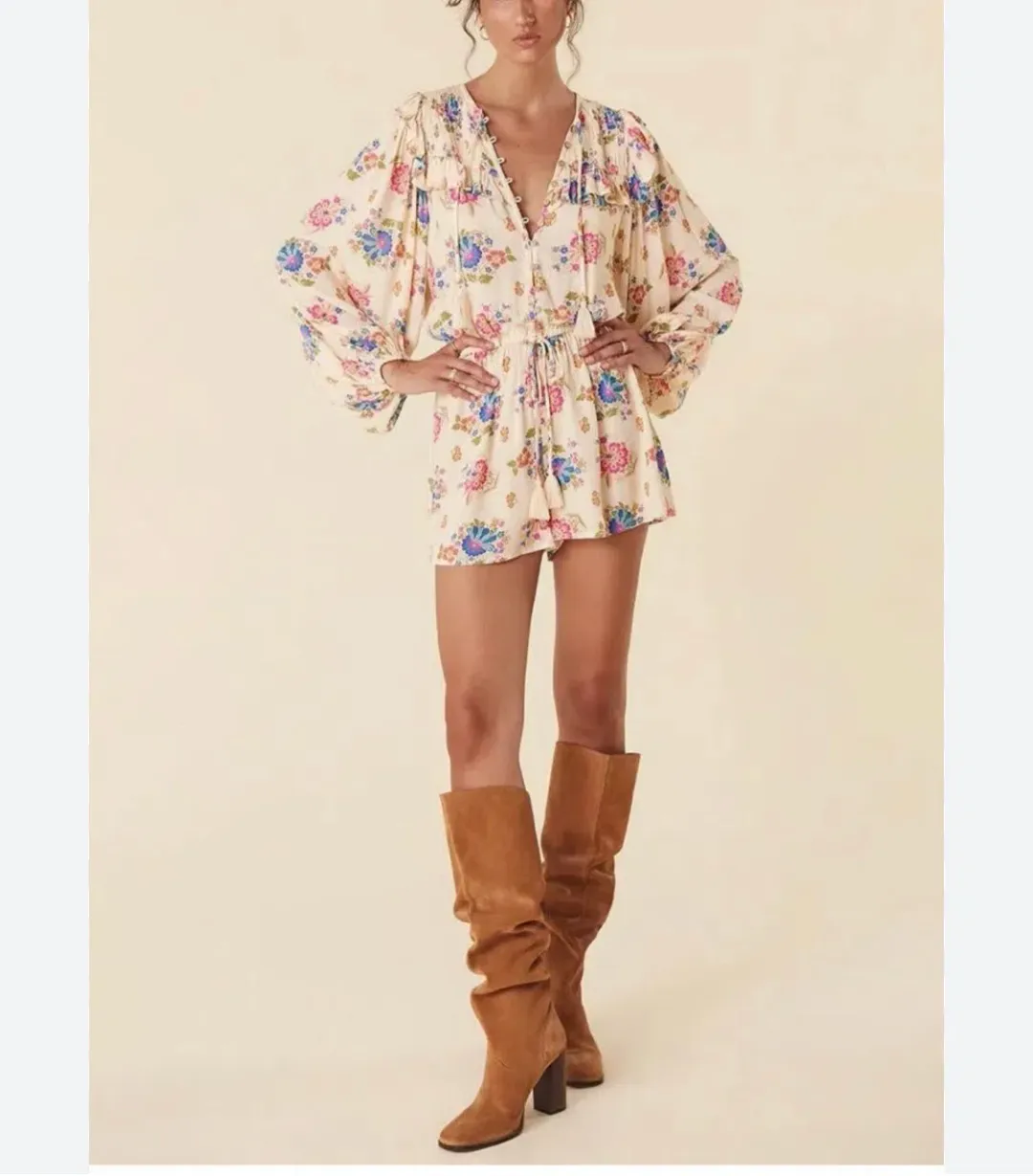 Spell Gypsy Playsuit Size XXS Solstice Romper Cream Boho Woodstock Coachella for rent on The Volte - main image