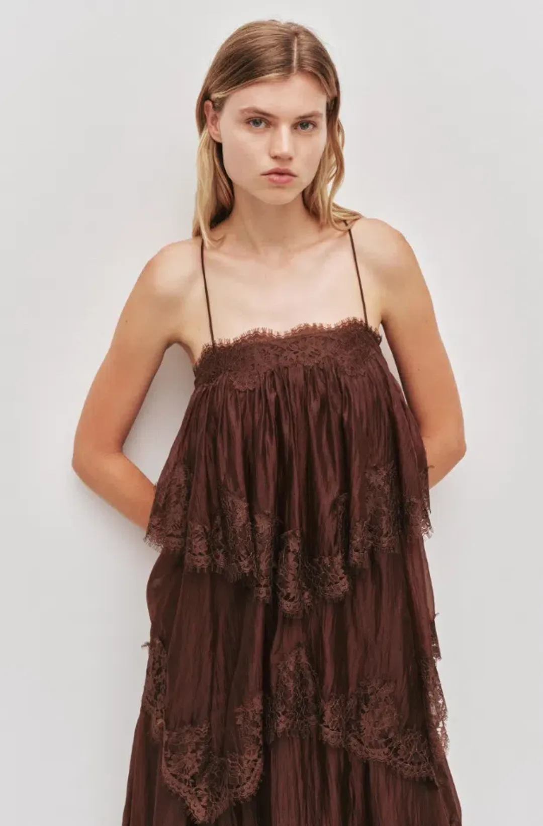 AJE Ophelia Lace Gown Chocolate Brown Size 8 for rent on The Volte - main image