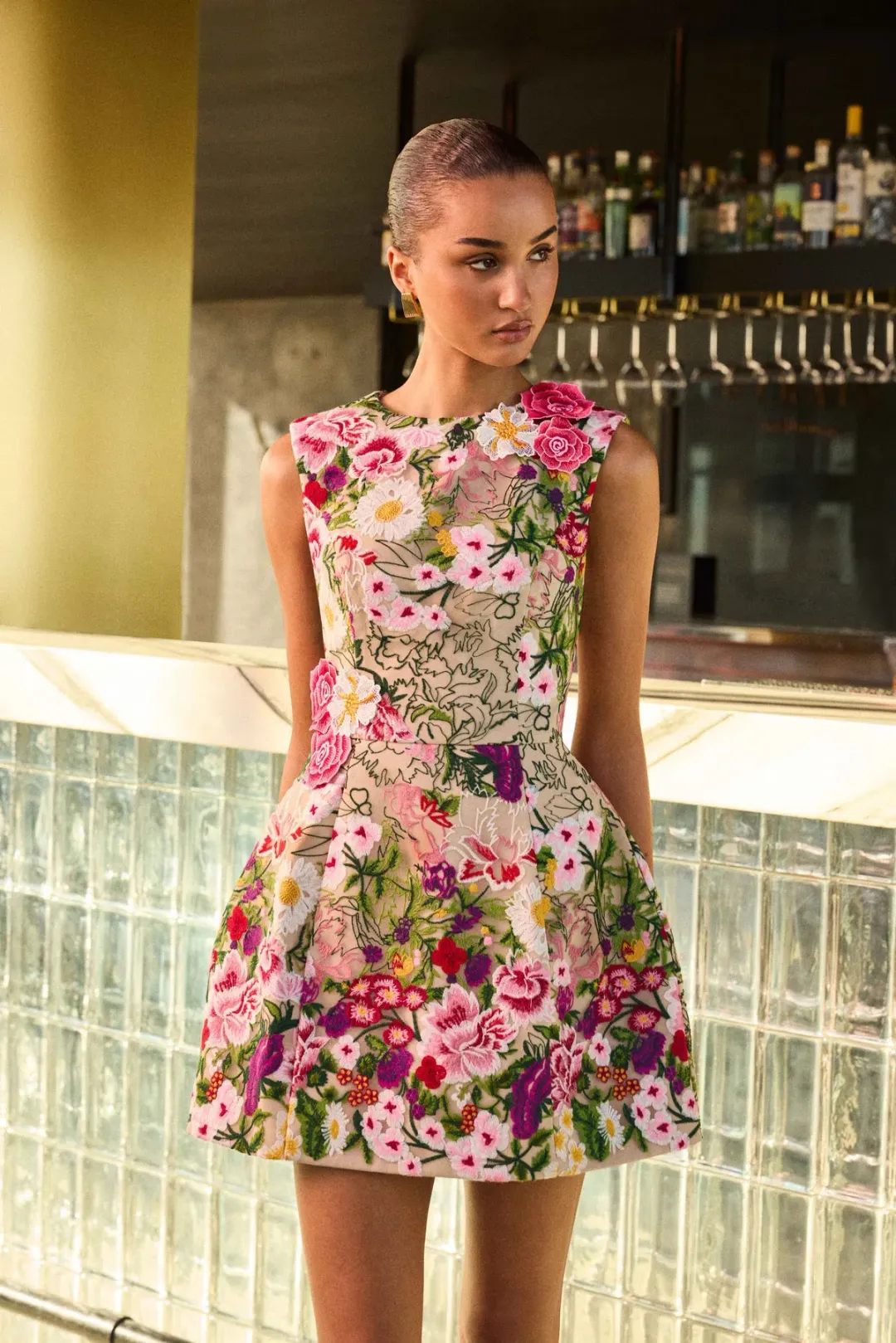 Flora Tulip Mini Dress in Pink & Green Floral  for rent on The Volte - main image