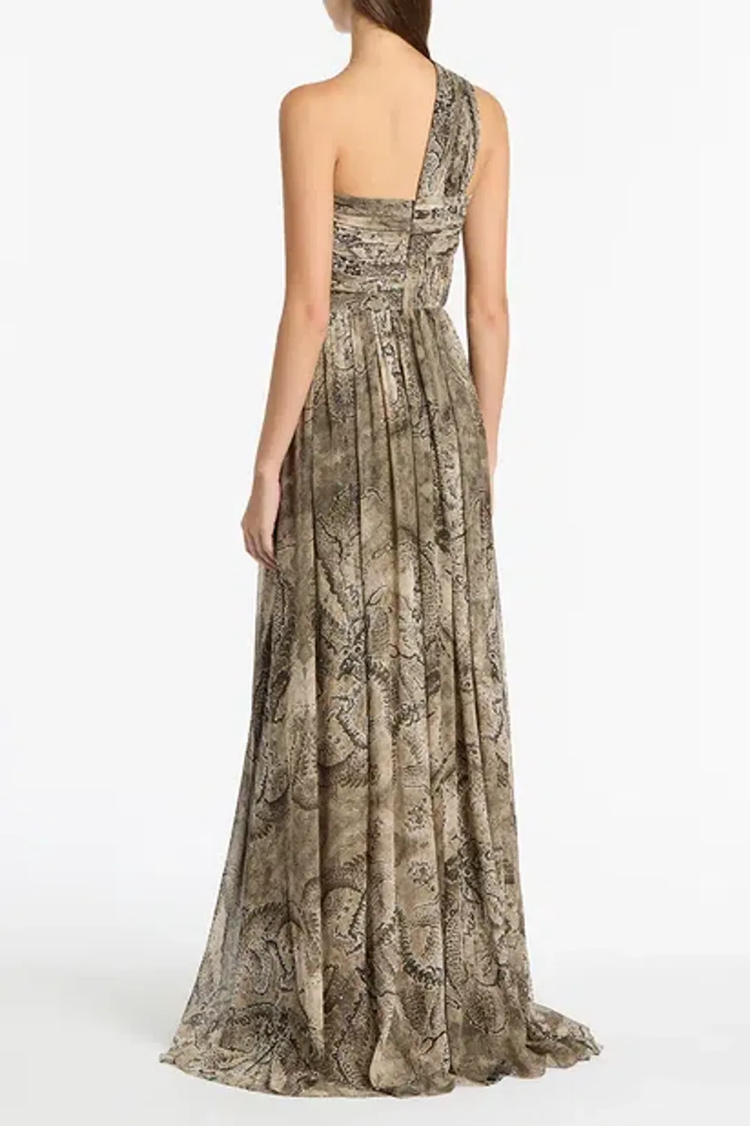 Carla Zampatti Size 12 Lindy Lee Moss Fierce Dragon Silk Button Gown for rent on The Volte - main image