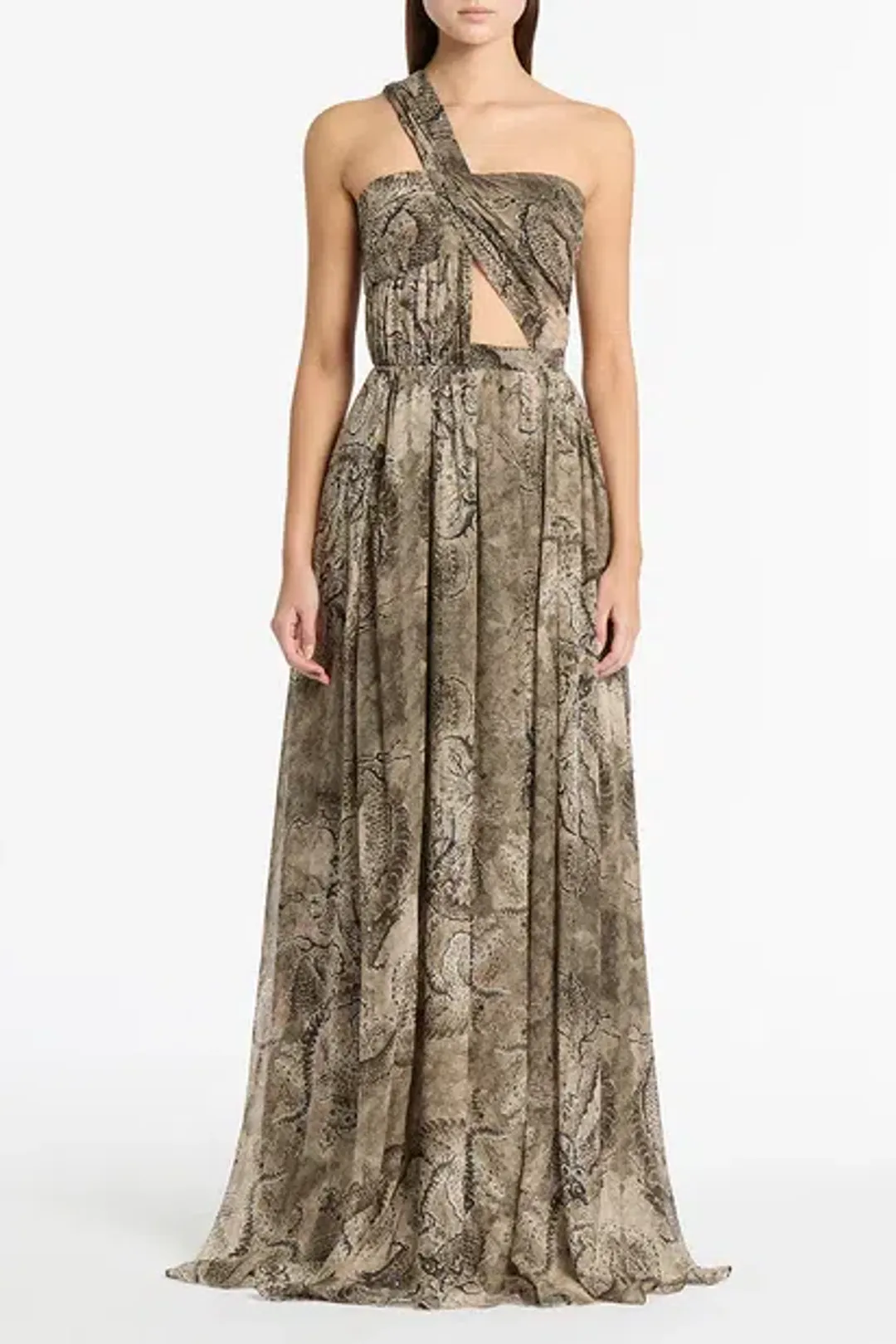 Carla Zampatti Size 12 Lindy Lee Moss Fierce Dragon Silk Button Gown for rent on The Volte - main image