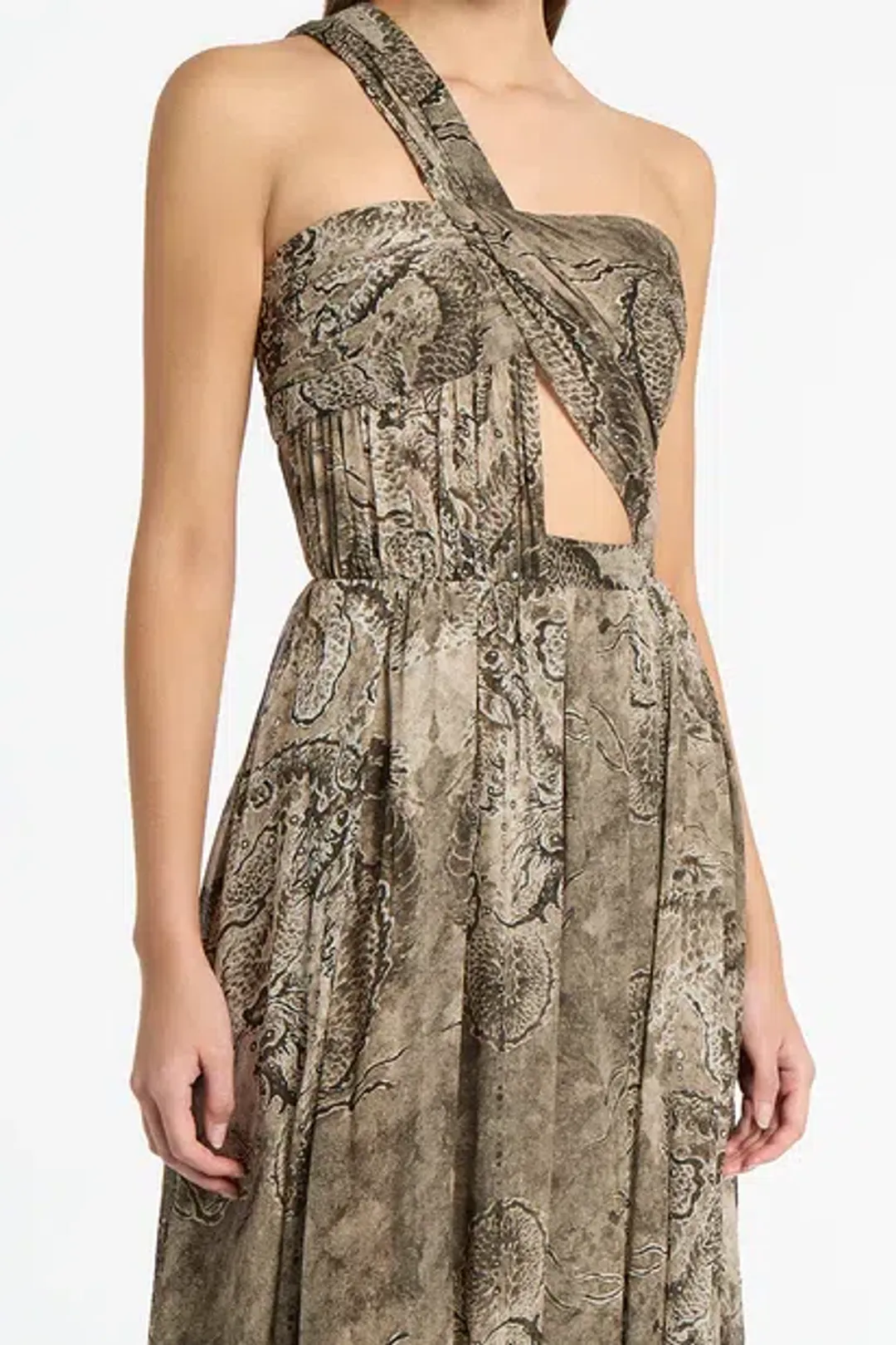 Carla Zampatti Size 12 Lindy Lee Moss Fierce Dragon Silk Button Gown for rent on The Volte - main image