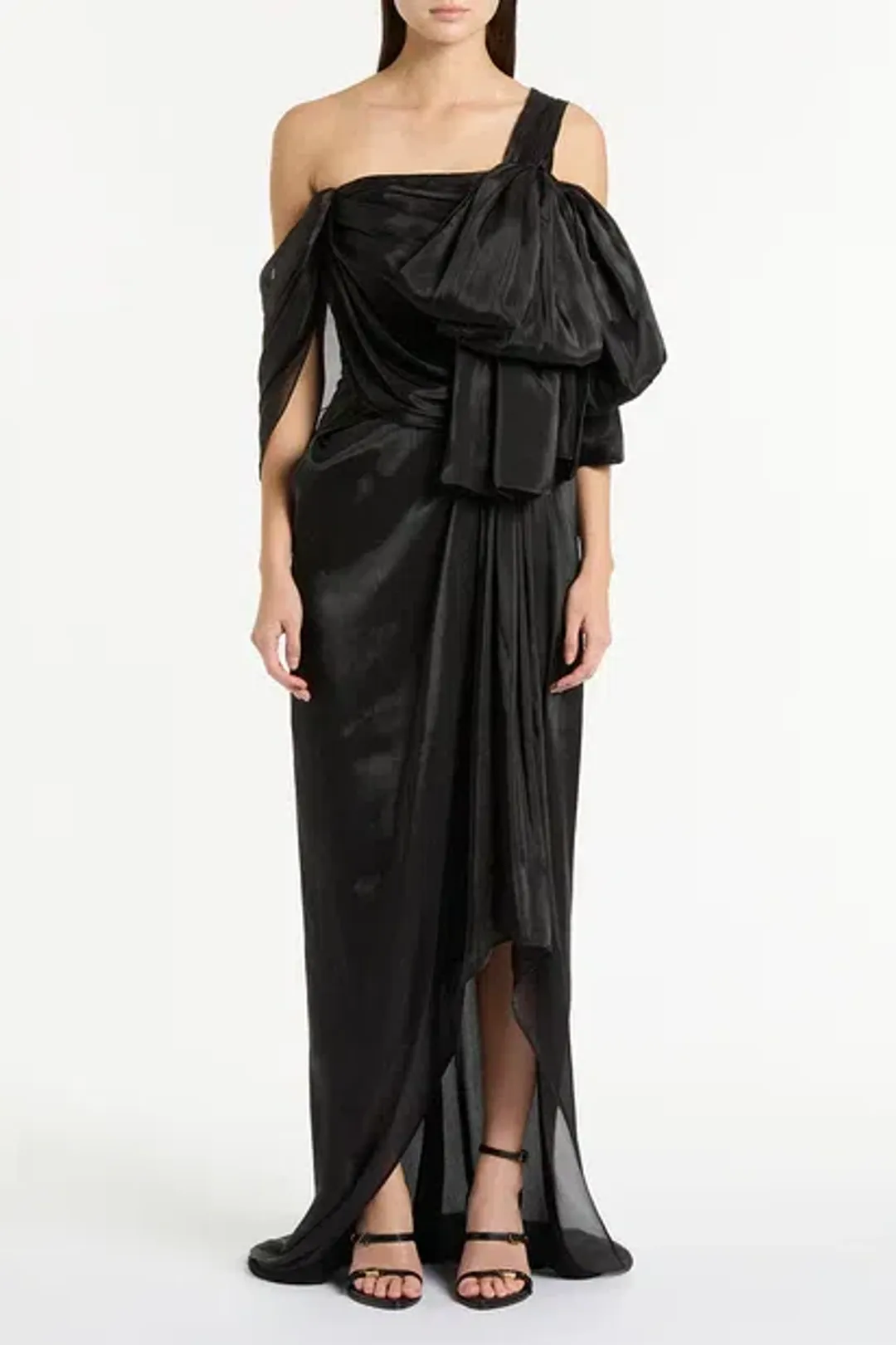 Carla Zampatti Black Lustre Chiffon Bow Evening Gown (AU 12; US 10) for rent on The Volte - main image