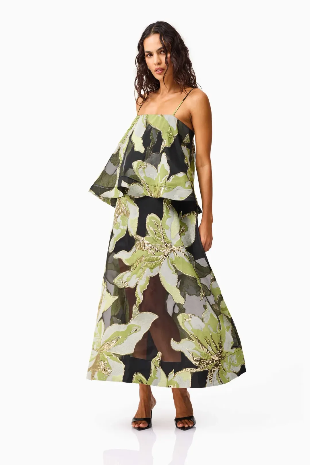 Elliatt Elysia Tiered Gown in Black and Green Floral Size XL / AU 14 for rent on The Volte - main image