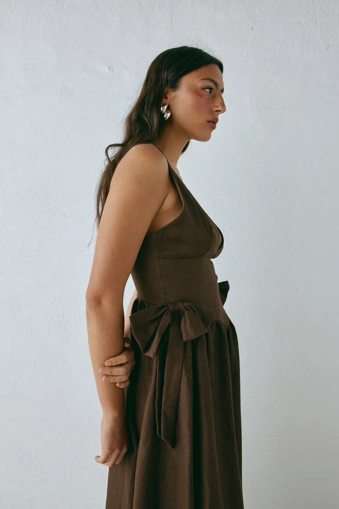 Daphne Linen Midi Dress Chocolate for rent on The Volte - main image