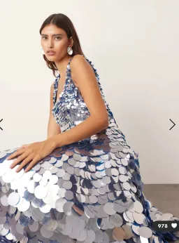 Embellished Disc Sequin Square Neck Full Skirt Midi Dress in Blue for rent on The Volte - image 4