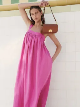Oroton Bow Detail Fuchsia Pink Sundress Size 14 Linen Strappy Maxi Gown for rent on The Volte - image 6