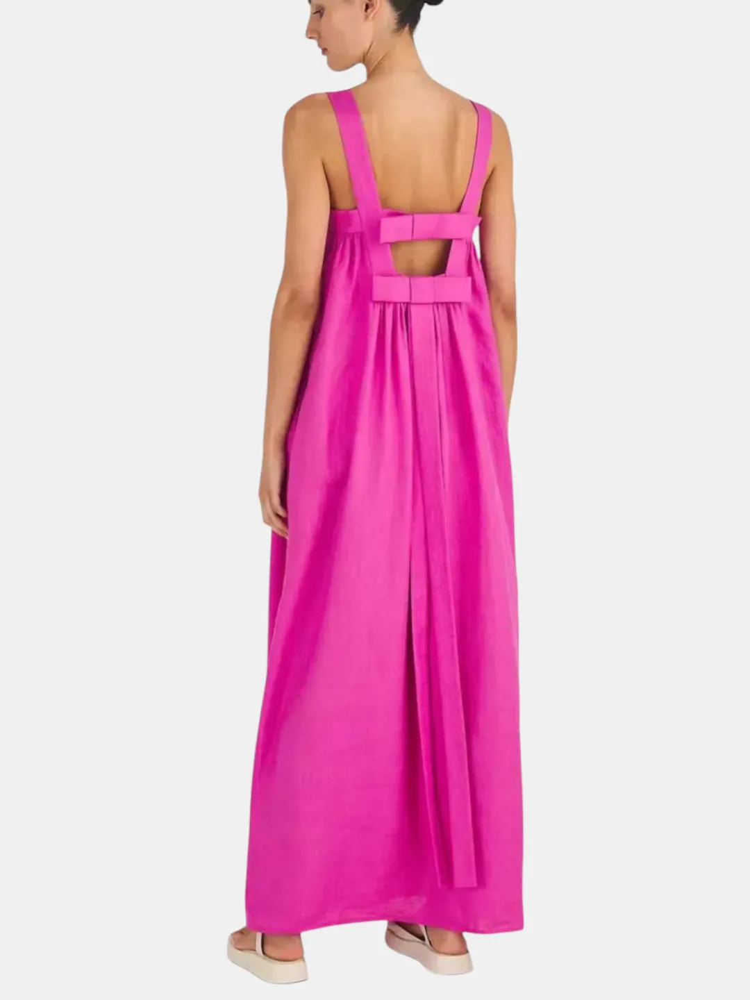 Oroton Bow Detail Fuchsia Pink Sundress Size 14 Linen Strappy Maxi Gown for rent on The Volte - main image