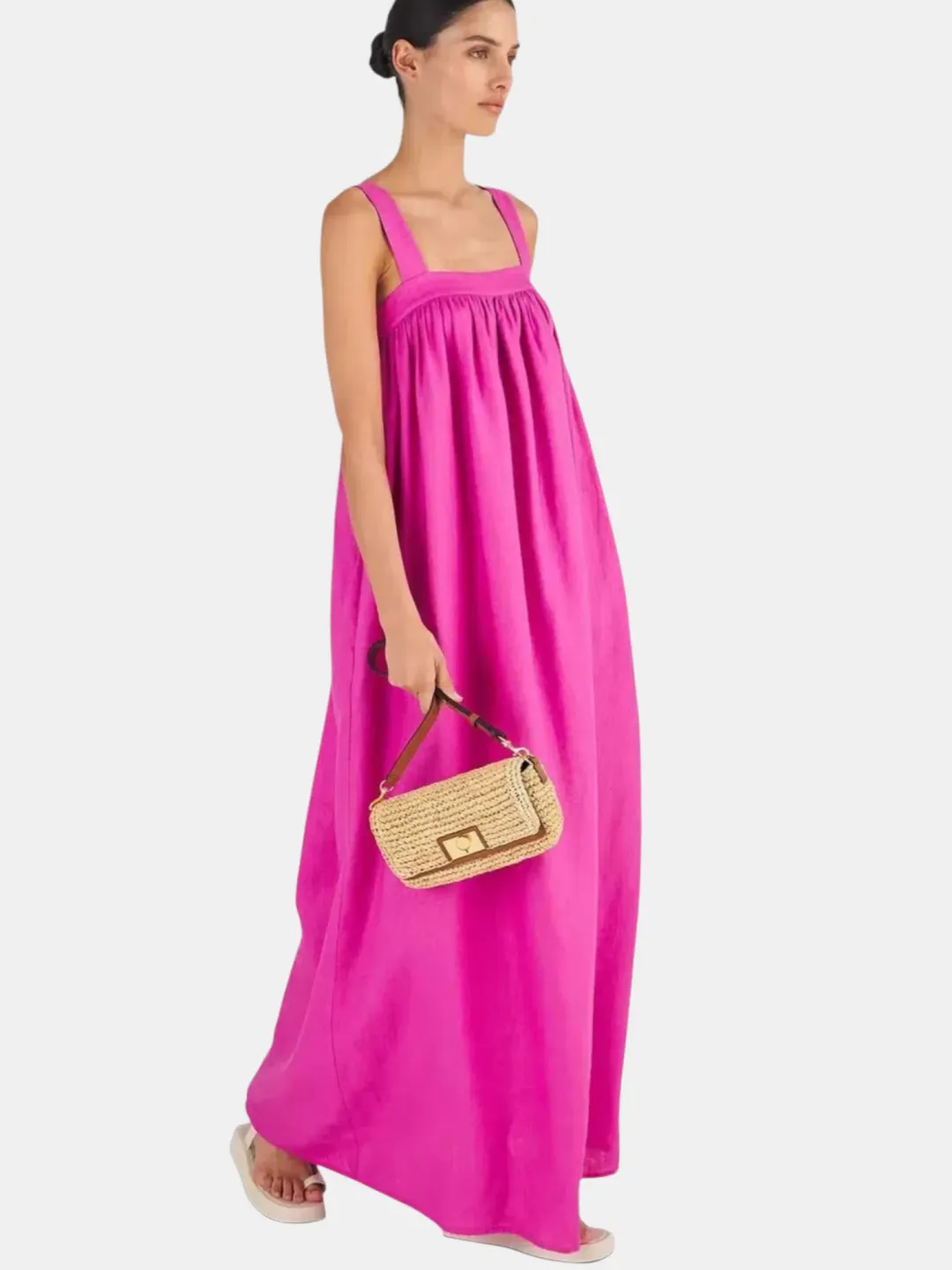 Oroton Bow Detail Fuchsia Pink Sundress Size 14 Linen Strappy Maxi Gown for rent on The Volte - main image