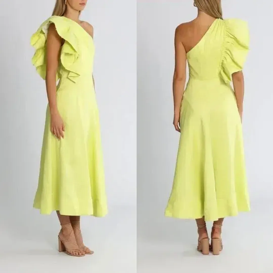 Aje Bonjour Asymmetric Midi Dress Lime Green  for rent on The Volte - main image