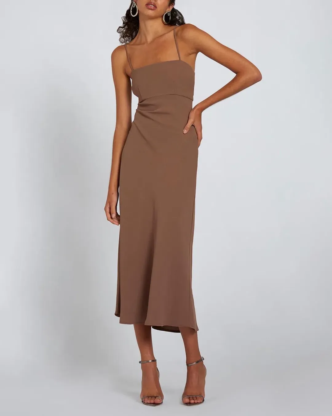 BY JOHNNY Fall Bias Midi Dress In Brown Mocha | Size AU 14 for rent on The Volte - main image