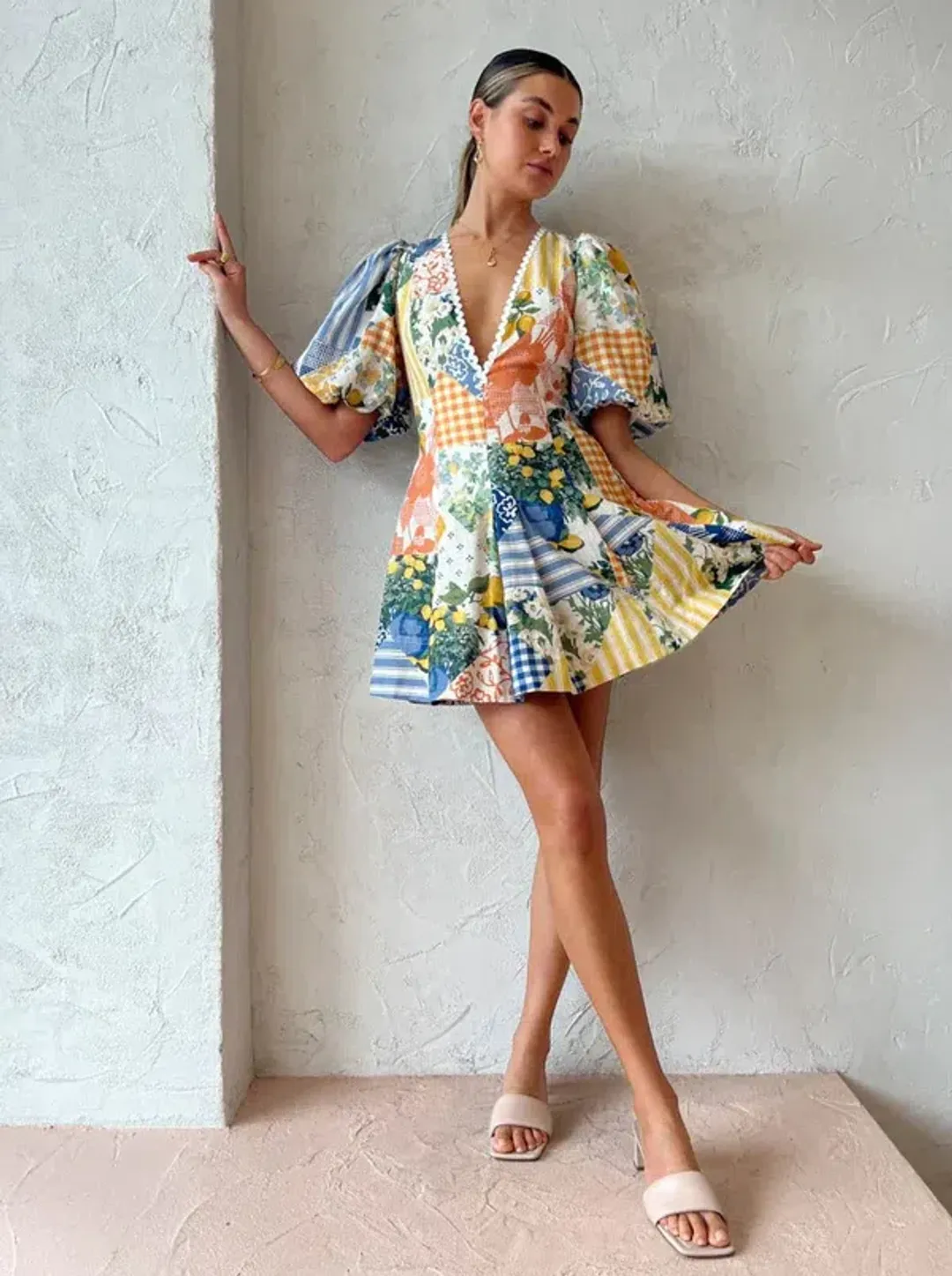 BY NICOLA - Wavy Mini Dress In Lemon Patchwork for rent on The Volte - main image
