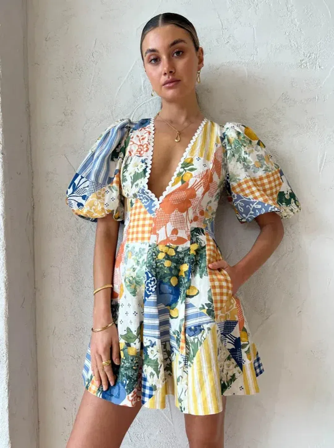 BY NICOLA - Wavy Mini Dress In Lemon Patchwork for rent on The Volte - main image