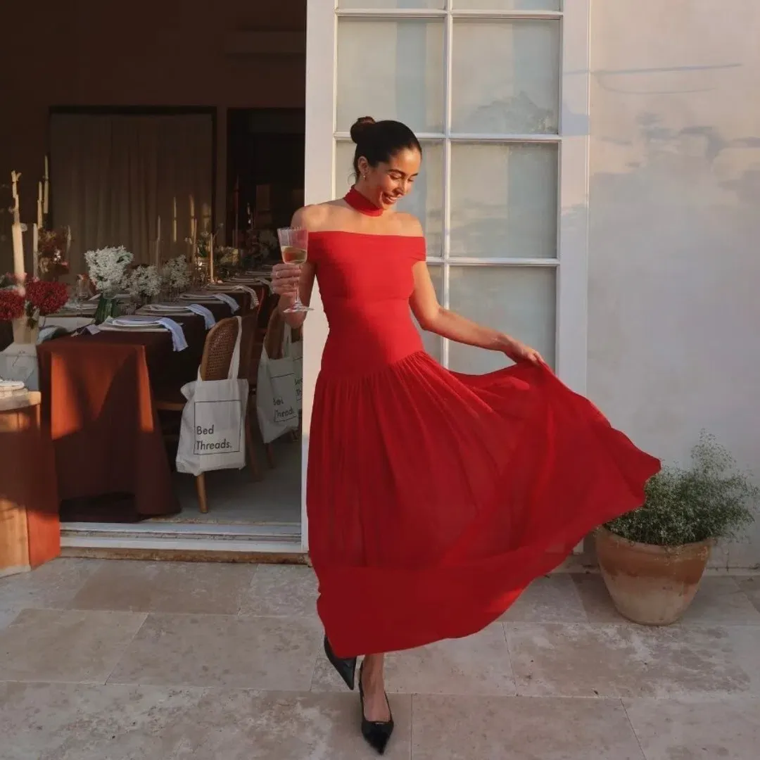 Bec & Bridge Deija Off Shoulder Red Maxi Dress Size 10 for rent on The Volte - main image
