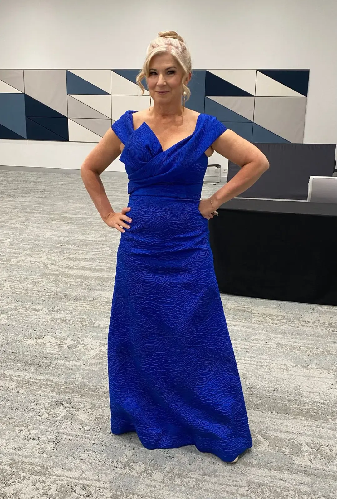 Terri Jon off-the-shoulder jacquard cobalt blue gown  for rent on The Volte - main image
