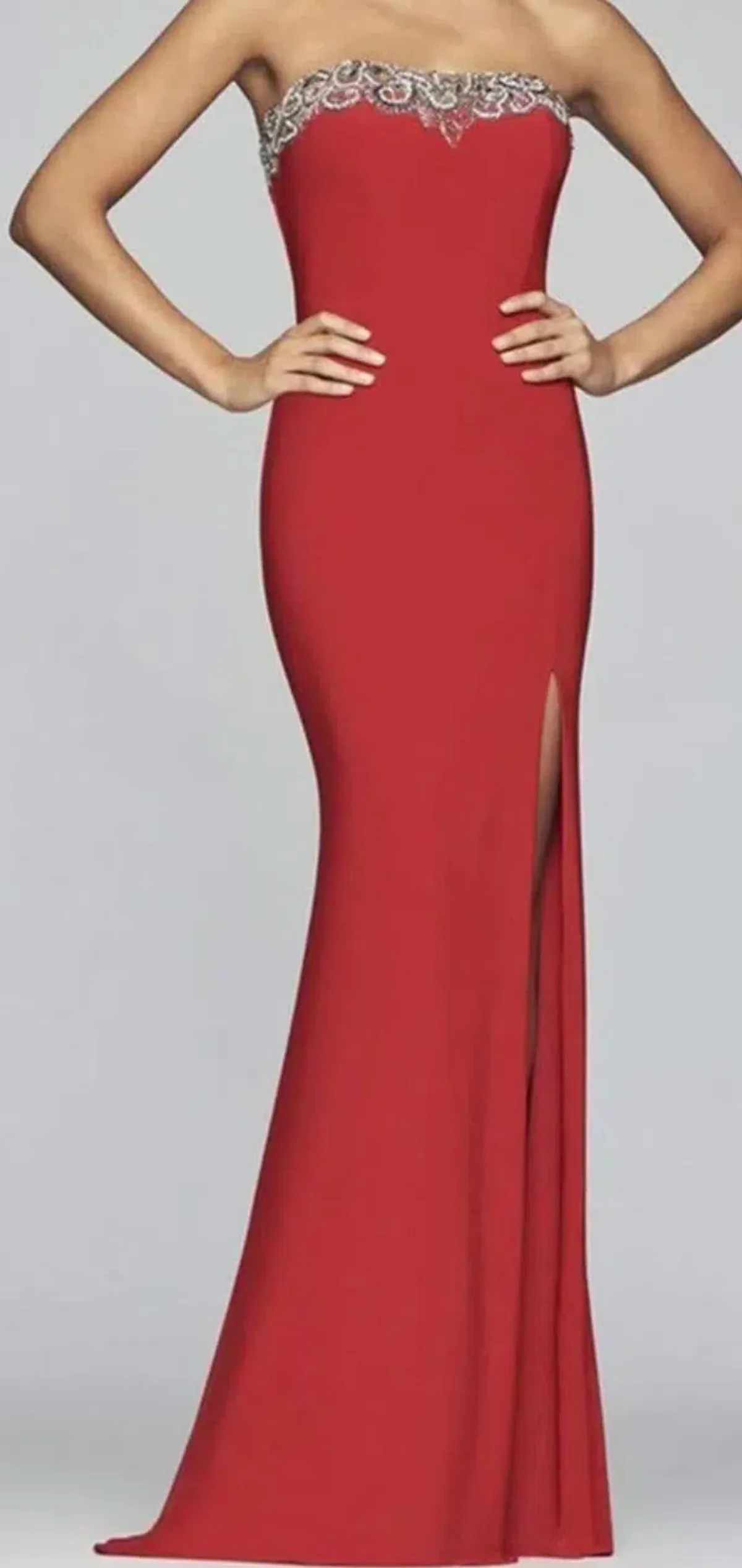 Faviana - S10200 Strapless Beaded Neckline High Slit Evening Dress for rent on The Volte - main image