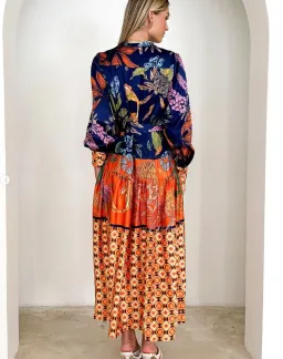 Gingham & Heels satin midi dress navy & orange sz 14 for rent on The Volte - image 2