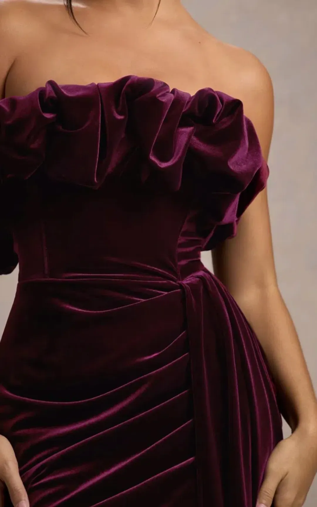 Ceronne Plum Velvet Bandeau Mini Dress With Drape for rent on The Volte - main image