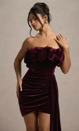 Ceronne Plum Velvet Bandeau Mini Dress With Drape for rent on The Volte - image 2