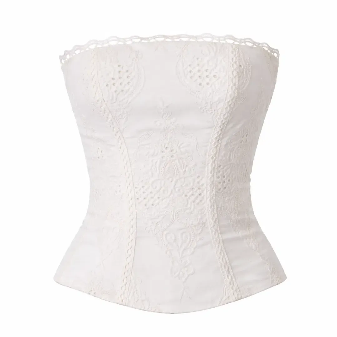 House of CB White Cotton Broderie Strapless Corset Top & Skirt for rent on The Volte - main image