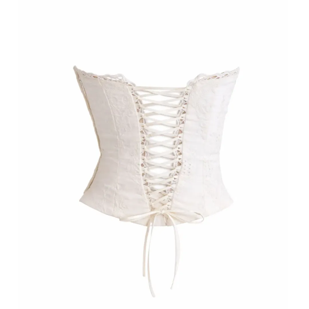 House of CB White Cotton Broderie Strapless Corset Top & Skirt for rent on The Volte - main image