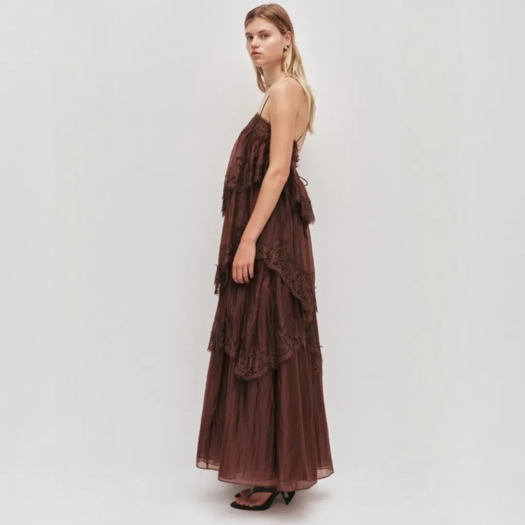 AJE Ophelia Lace Gown In Chocolate Size 10 for rent on The Volte - main image
